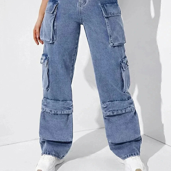 Casual High Waisted Flap Pocket Cargo Jeans Blue - Picture 4 of 5